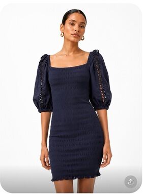 BETSEY JOHNSON Cotton Square Neck Navy Puff Sleeve Knit Dress Size S